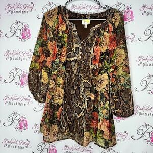 Fig & flower top shirt brown red green tan cube Boho Floral Snake Print Blouse